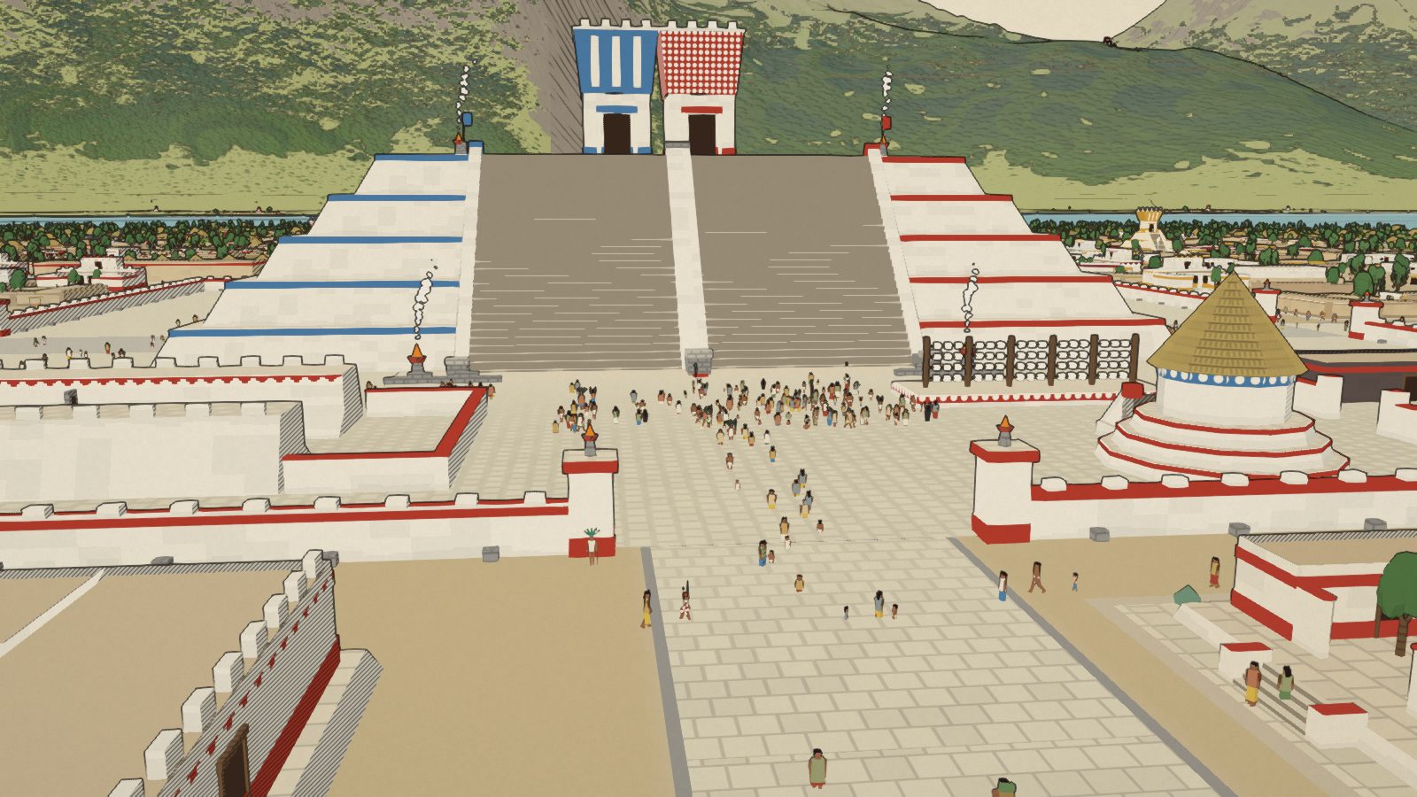 Crowds in the sacred precinct of Tenochtitlan below the twin shrines of the Great Temple, with a round temple to one side and mountains beyond the lake.