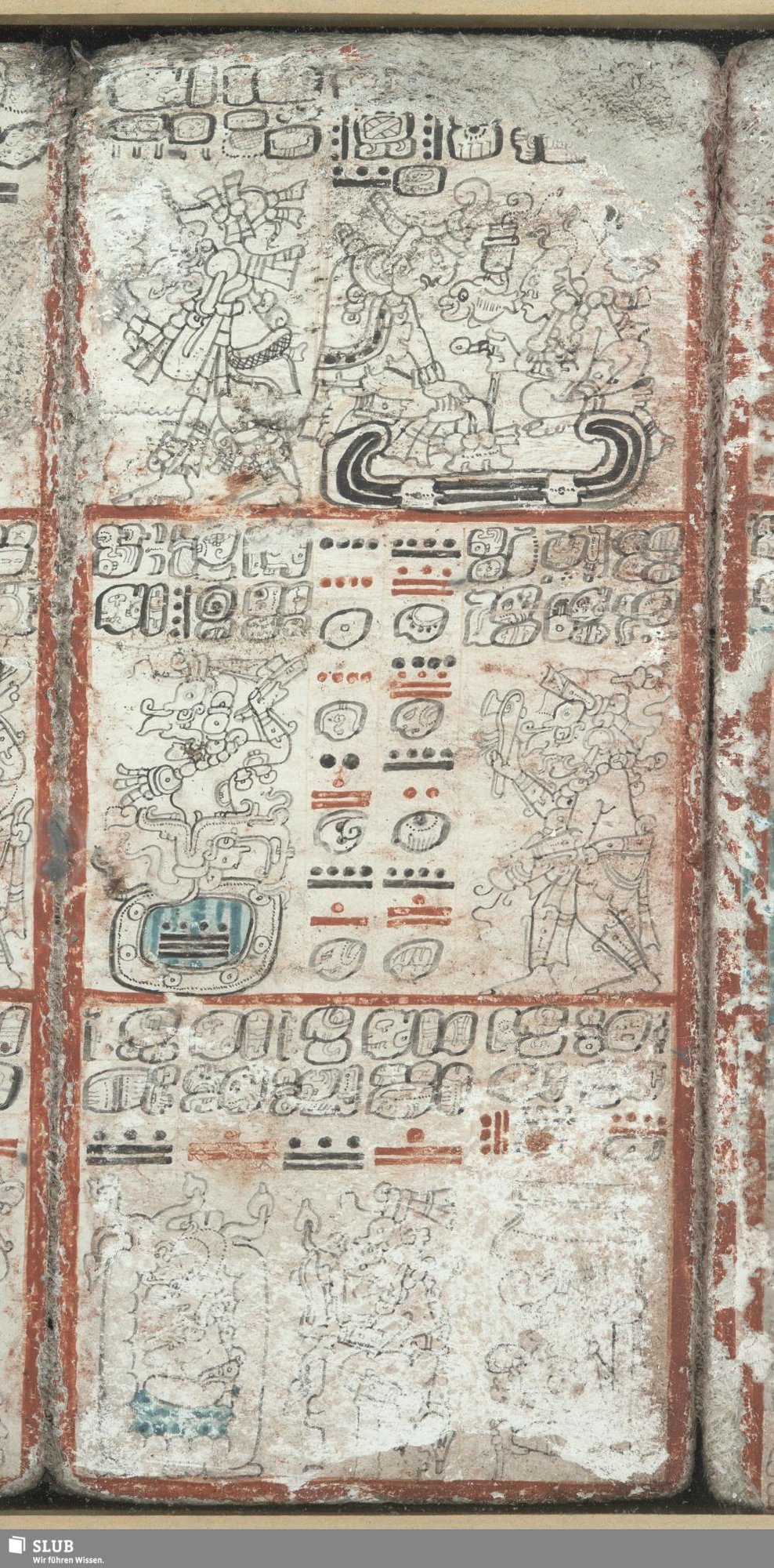 A tall page divided by red lines into three bands. Top: rows of black glyphs over a walking god and two seated figures beside a dark curving band. Middle: glyph blocks, two columns of red and black bar-and-dot numbers with day signs, a head rising from a blue pool marked with bars, and a god walking with a staff. Bottom: glyphs, numbers and faded figures.