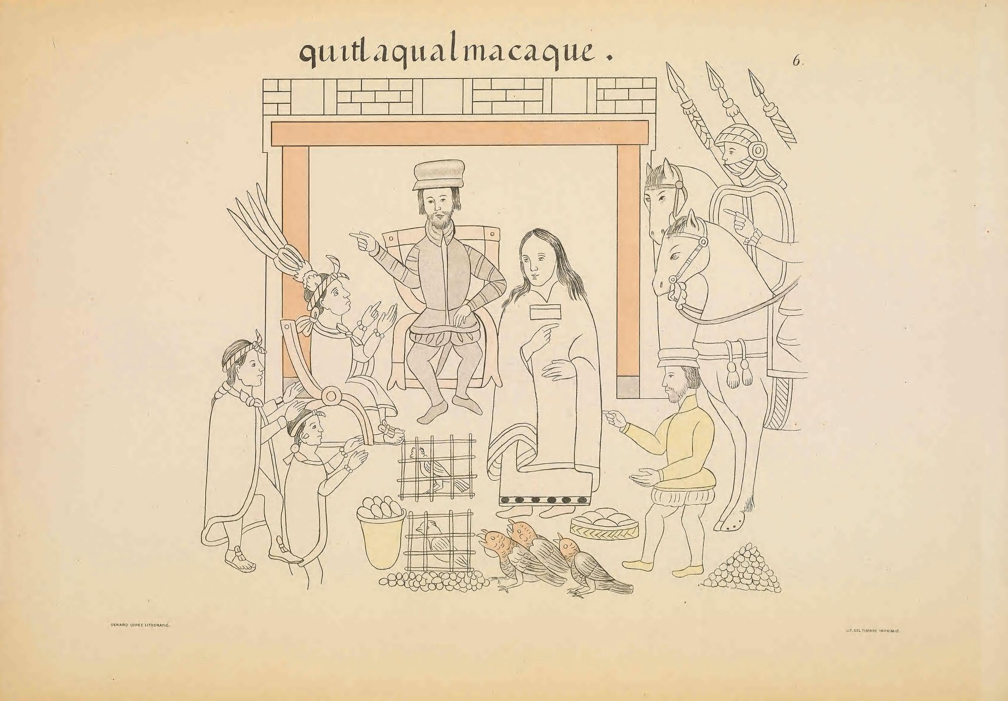 Under the word quitlaqualmacaque, a bearded Spaniard sits in a chair inside a palace doorway, pointing, with a long-haired woman in a long robe beside him. A Native lord in a feather headdress sits at his right, and two more Native men bring turkeys, birds in cages, a basket of tortillas, a pot and heaps of food, which a Spaniard in a yellow jacket receives. Horses and an armored soldier with lances stand at right.