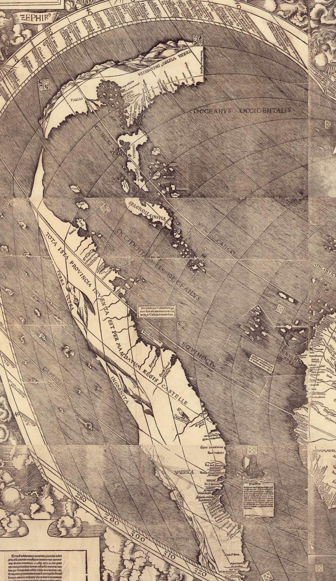 Detail of the western sheets: a northern land at the top, the Caribbean islands below it, and a long southern land running down the sheet with mountains along its western side, the word AMERICA near its southern end, lettering along its length, and small banners with the arms of Castile at sea.