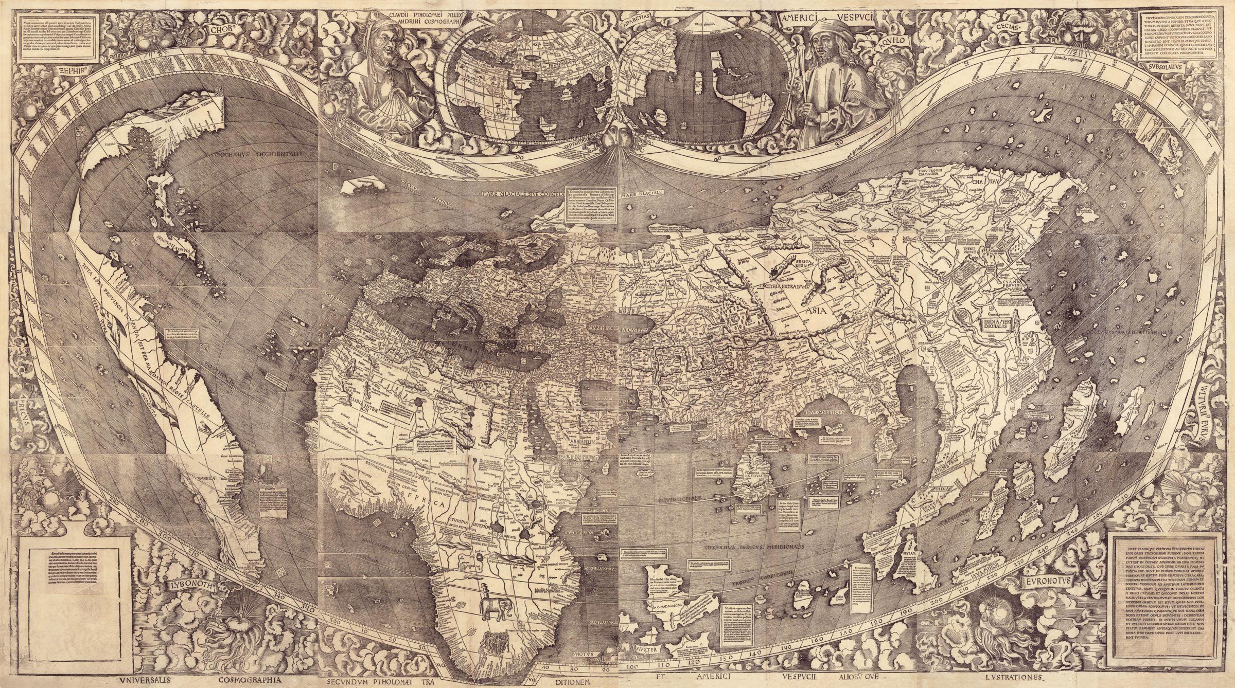 A wide world map printed from twelve woodblocks. The known world spreads across a curving heart-like outline, with Europe, Africa and Asia in the middle and a long, thin land in the ocean at far left marked America. At the top, small portraits of Ptolemy and Amerigo Vespucci flank two little globes; wind-heads blow from the clouds around the edge.