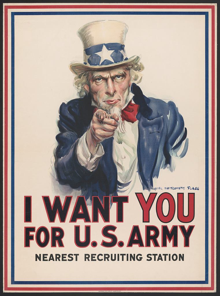 Uncle Sam in a starred top hat points straight out at the viewer above the words I want you for U.S. Army, nearest recruiting station.