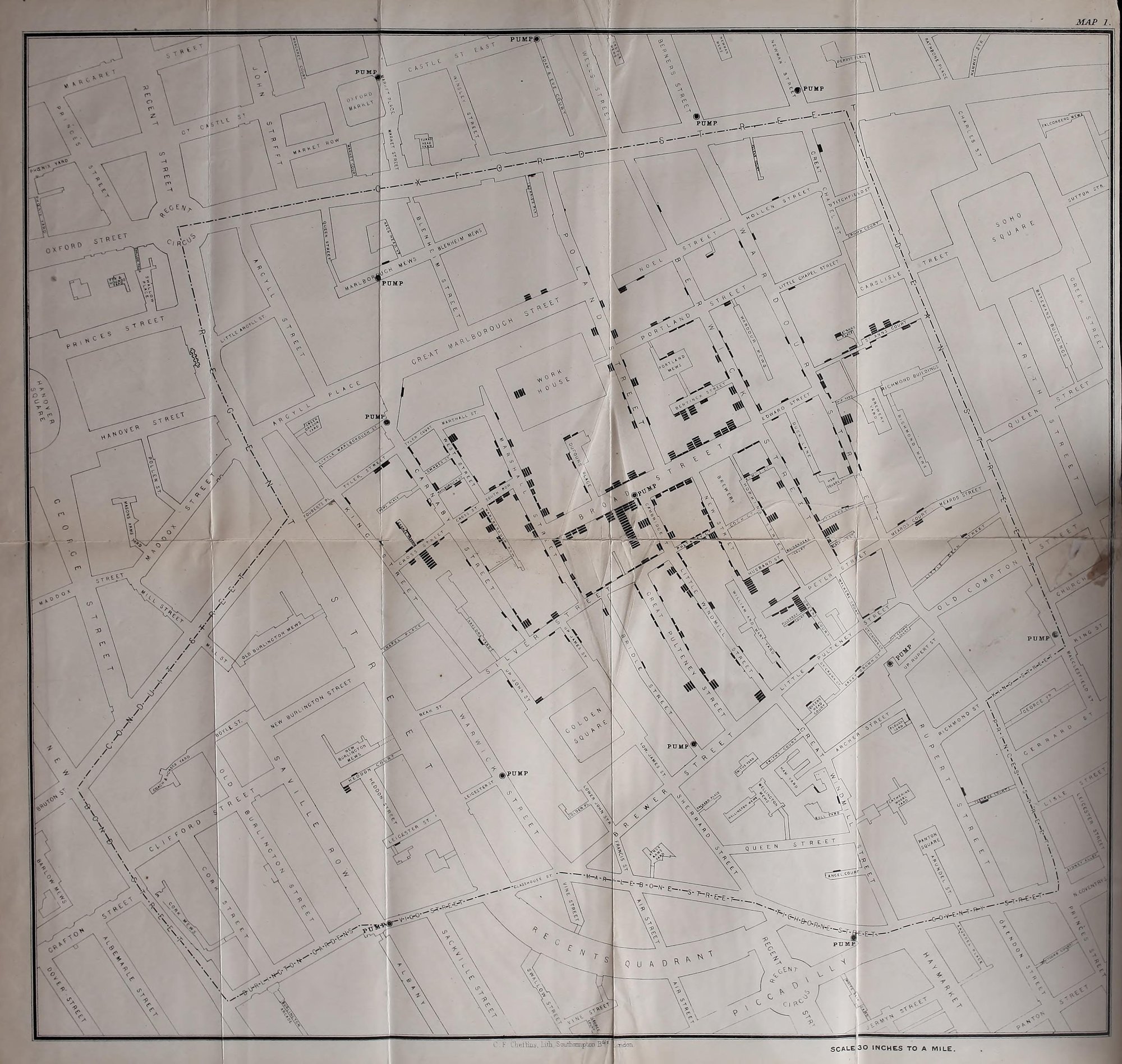 Snow’s street map of the Golden Square district of Soho. Each death from cholera is a short black bar drawn at the house where it happened, stacked when there were several. The bars crowd thickest around the pump marked in Broad Street and thin out toward the other pumps marked on the map. The workhouse on Poland Street has only a few bars, and the brewery beside Broad Street has none. A dotted line marks the edge of the district studied.